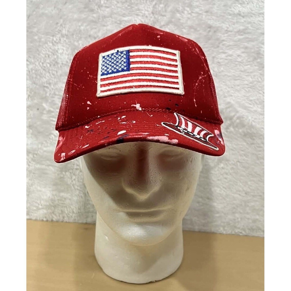 Otto Red Mesh Trucker Hat American Flag Patch Paint‎ Splatter Snapback CUSTOM